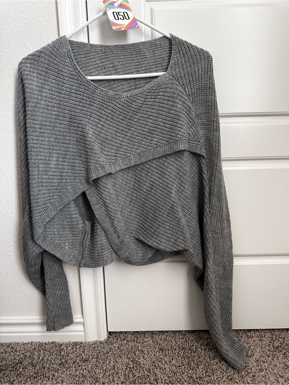 Women’s Gray Knit Draped Wrap Front Asymmetrical Sweater